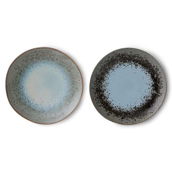 two stoneware plates with reactive glaze finish and speckles