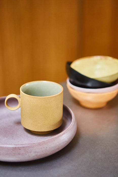 deep porcelain purple plate and ochre yellow coffee mug 