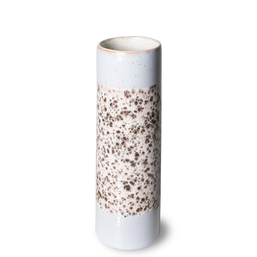 retro style stoneware tall flower vase in light blue with brown and white pattern