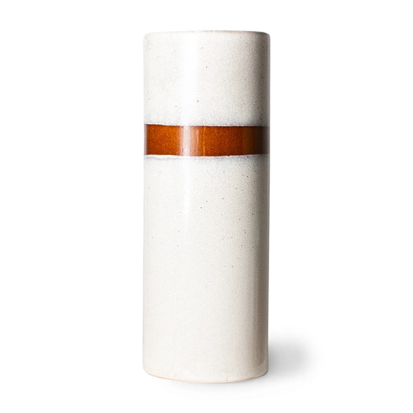 tall retro style flower vase made from stoneware. White with a brown horizontal stripe