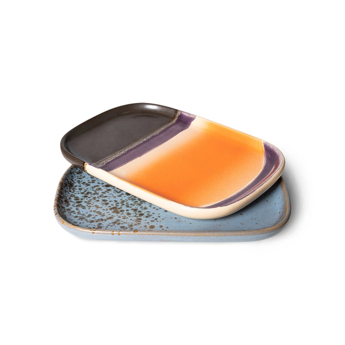 set of 2 organic shaped  small stoneware trays in blue, black, orange and purple colors