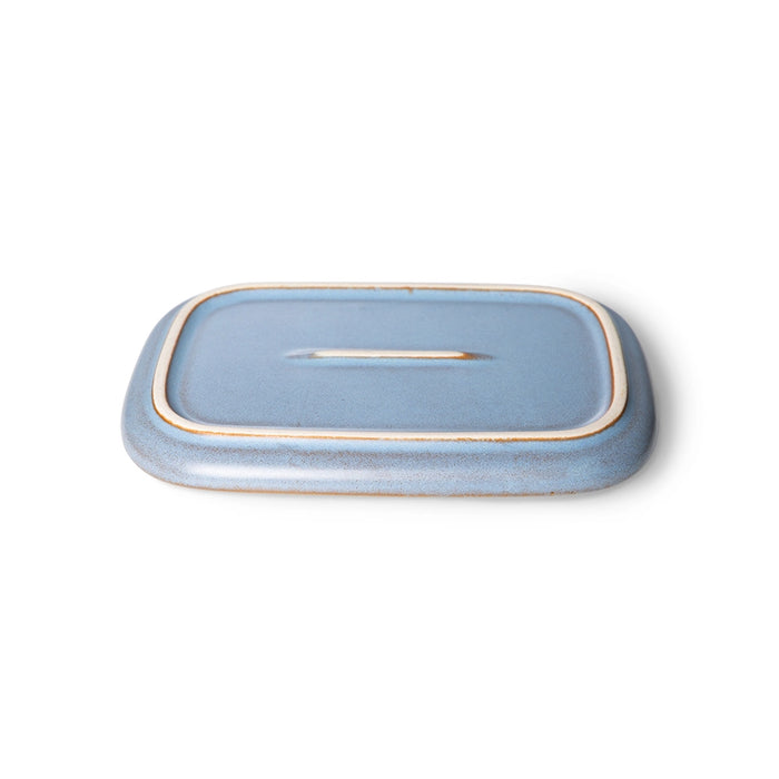 blue bottom of a small stoneware tray