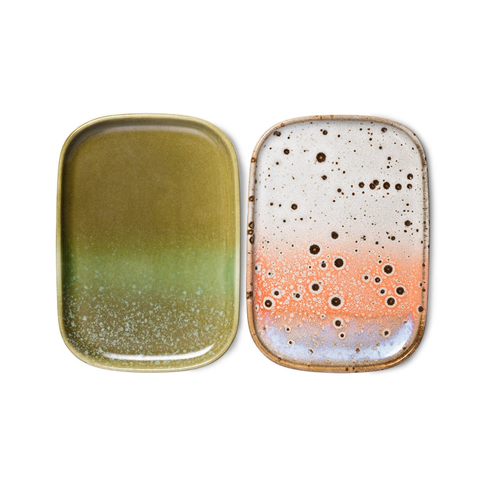 two organic shape small trays in cream white, green, orange and blue colors