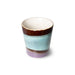retro style small stoneware coffee mug in brown, aqua and lavender colors