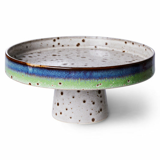 stoneware cake stand with reactive glaze finish in grey with blue and green