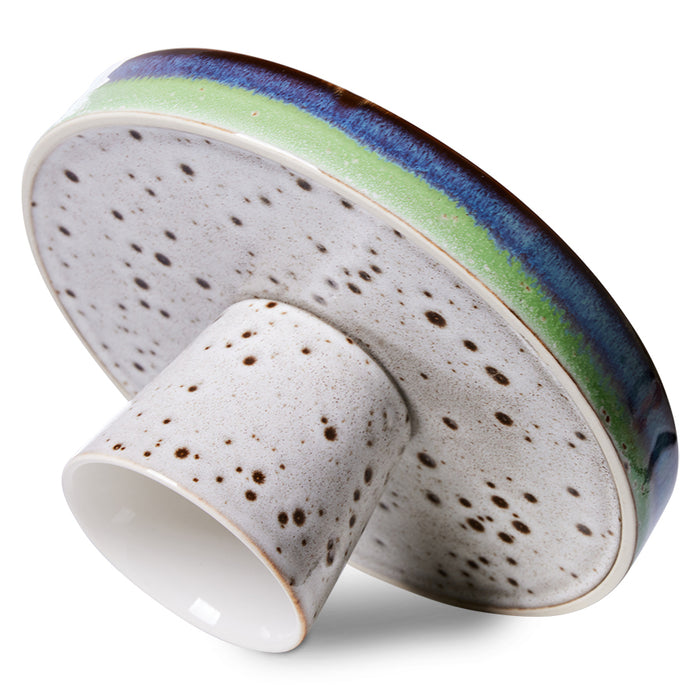 stoneware cake stand with reactive glaze finish in grey with blue and green