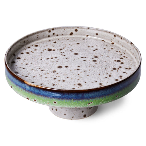 stoneware cake stand with reactive glaze finish in grey with blue and green