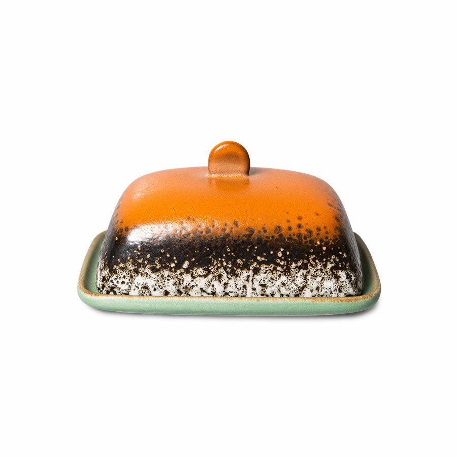 retro style stoneware butterdish in orange brown and green 