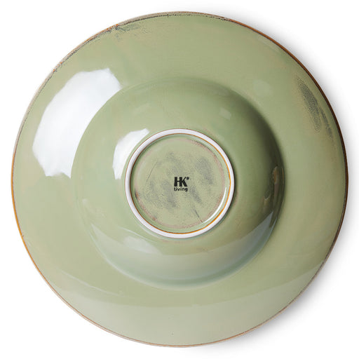 rustic green round deep pasta plate with logo on bottom
