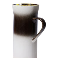 tall stoneware pitcher with orange, white and brown finish