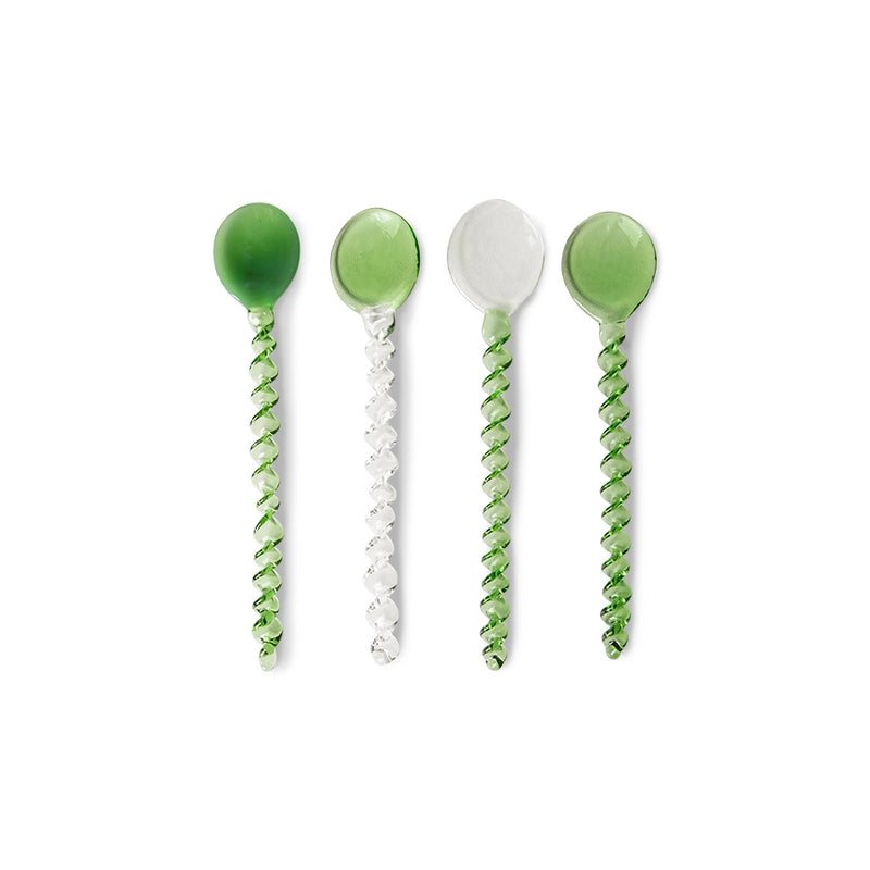 4 delicate glass spoons in green and transparent with a twisted handle
