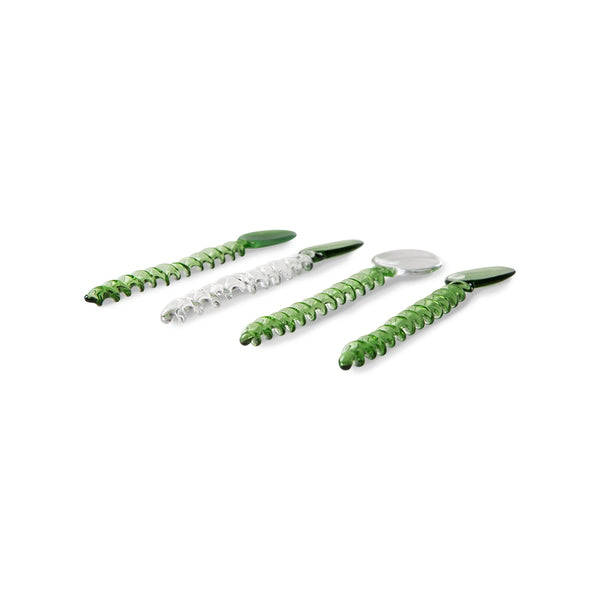 4 delicate glass spoons in green and transparent with a twisted handle