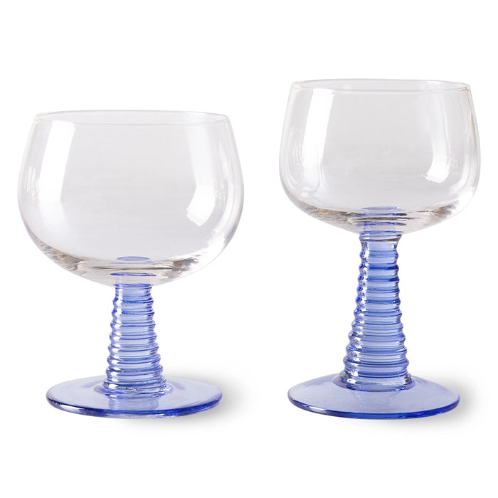 low stem an high stem retro style wineglasses with blue foot