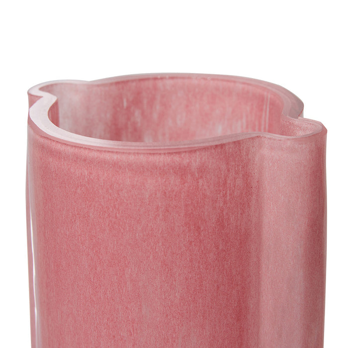 detail of glass flower vase in flamingo pink