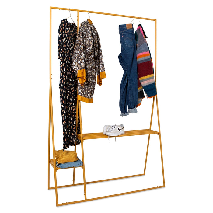ginger orange metal open wardrobe rack with jeans and dresses hanging