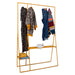 ginger orange metal open wardrobe rack with jeans and dresses hanging