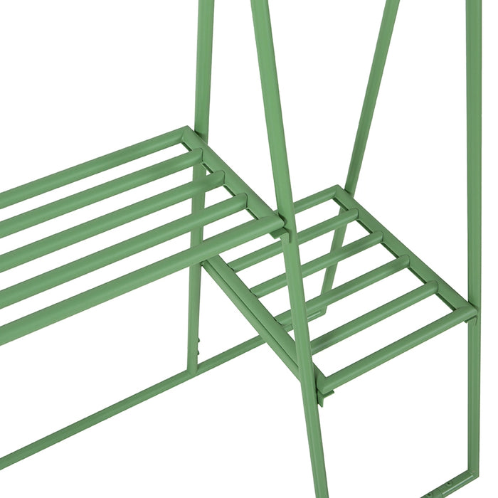 detail of green metal open wardrobe clothing rack