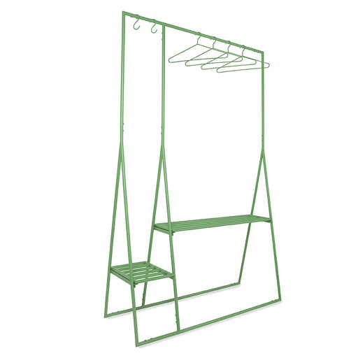 fern green colored metal clothing rack with 2 hooks and 4 clothing hangers