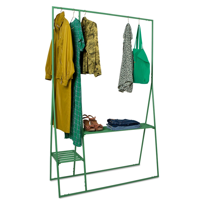 green metal open wardrobe clothing rack with clothes and bag and shoes