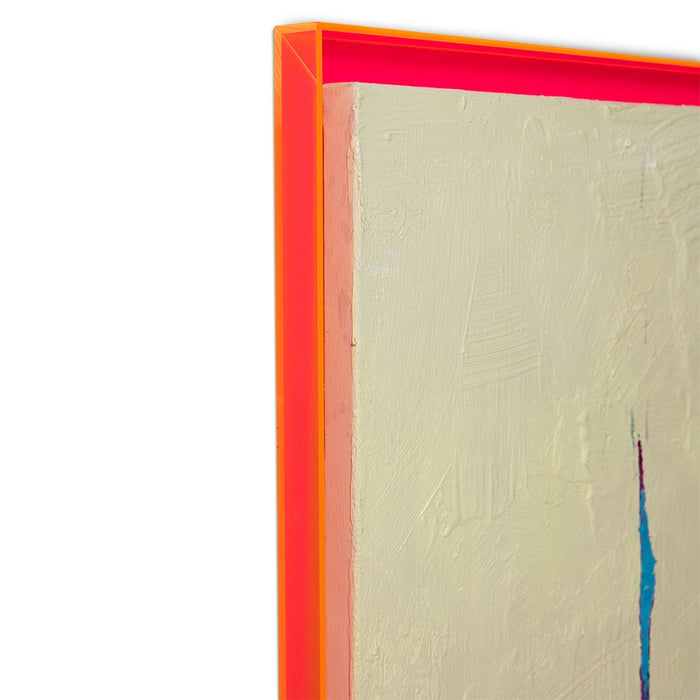abstract art work in bright colors with a pink and orange acrylic shadowbox frame