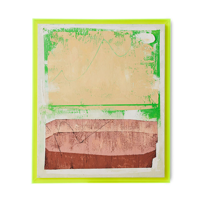 large abstract painting with neon yellow frame