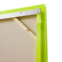 back of large abstract painting with neon yellow frame