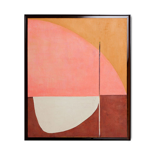 abstract painting in pink hues with brown acrylic frame