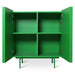 inside of a 4 compartment green credenza