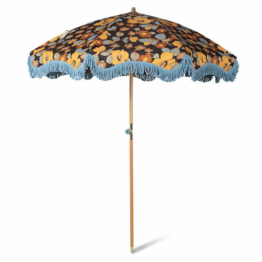 retro style parasol with flower fabric and blue fringes