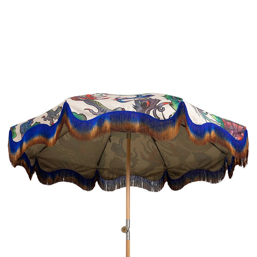retro style beach parasol dragons and ombre fringes