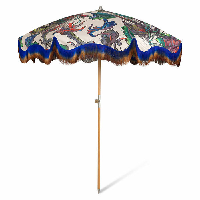 retro style beach parasol dragons and ombre fringes