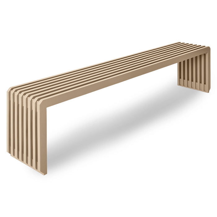 sand colored slatted wooden bench