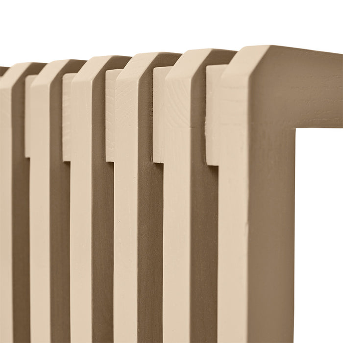 detail of sand colored slatted wooden bench