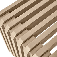 detail of corner from a sand colored slatted wooden bench