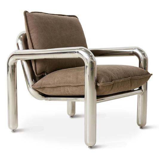 Chrome lounge armchair canvas brown