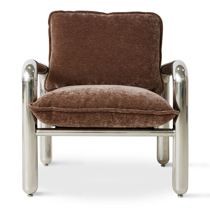 Chrome lounge armchair velvet brown