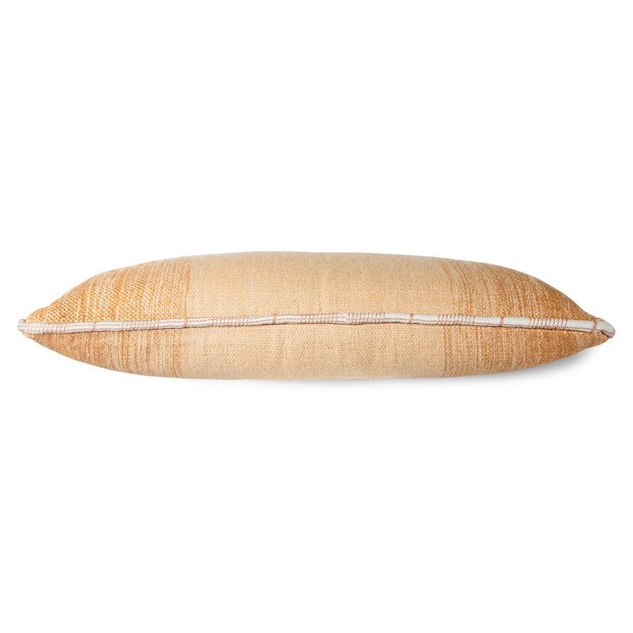 large handwoven woolen lumbar pillow in neutrals with white piping