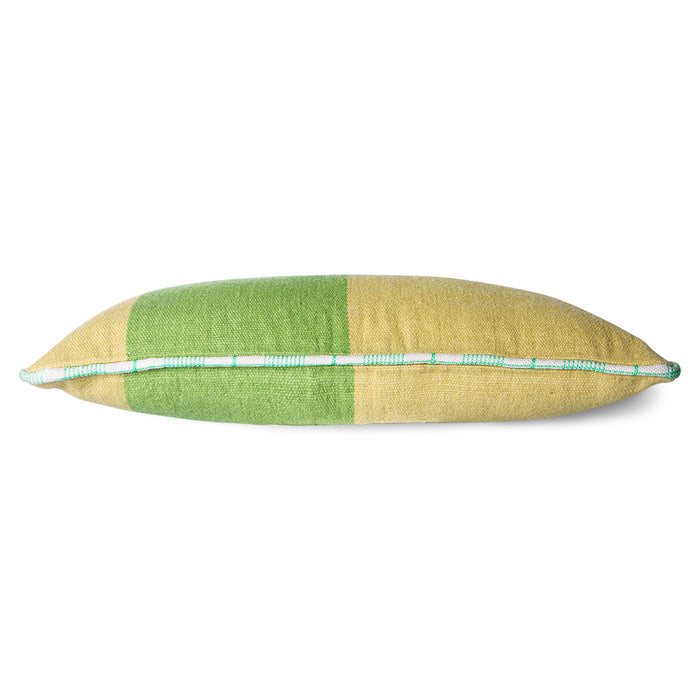 hand woven wolen lumbar pillow in two tones green with white and contrasting green piping