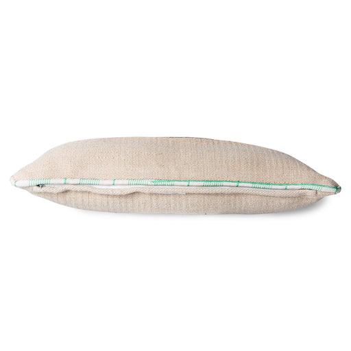 hand woven wool lumbar pillow with one horizontal brown stripe and contrasting green and white piping