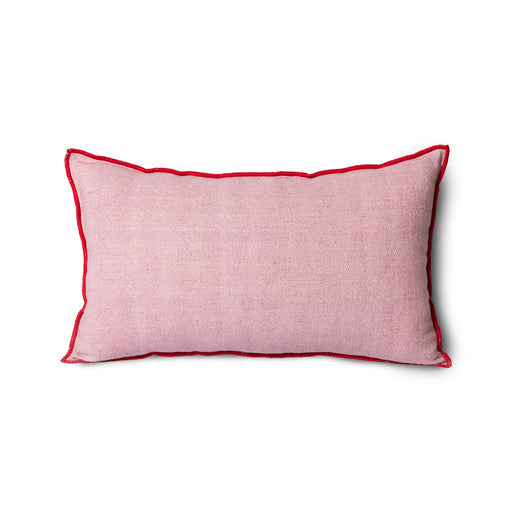 pink linen lumbar pillow with red cotton trim