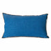 blue linen lumbar pillow with brown cotton trim