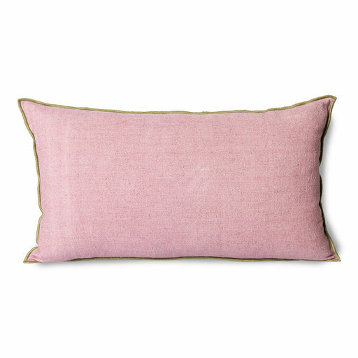 pink linen lumbar shaped pillow with green cotton trim