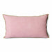 pink linen lumbar shaped pillow with green cotton trim