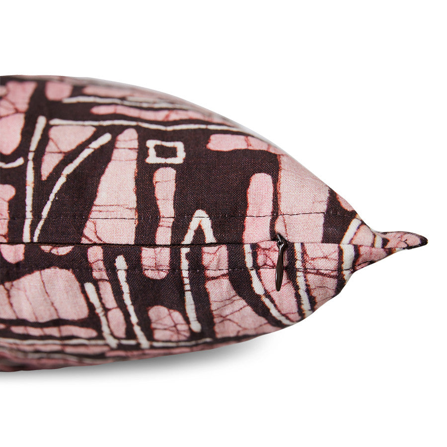 detail of vintage inspired lumbar pillow with abstract fabric