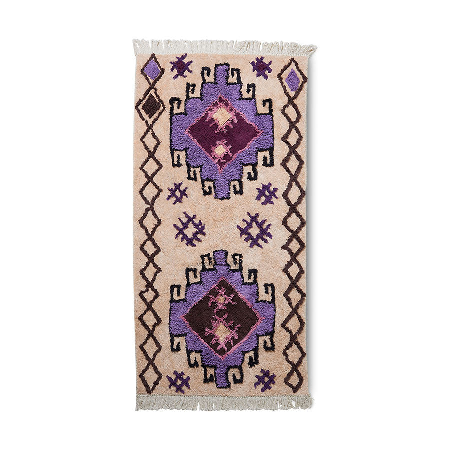 large cotton bohemian style bat rug with purple hues