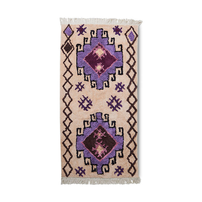 large cotton bohemian style bat rug with purple hues