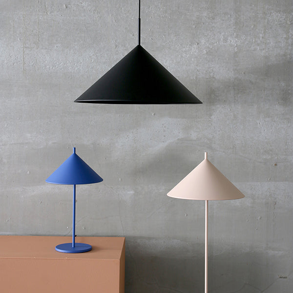 cobalt blue triangle shape table lamp with triangle blush floor lamp and black triangle hanging light 