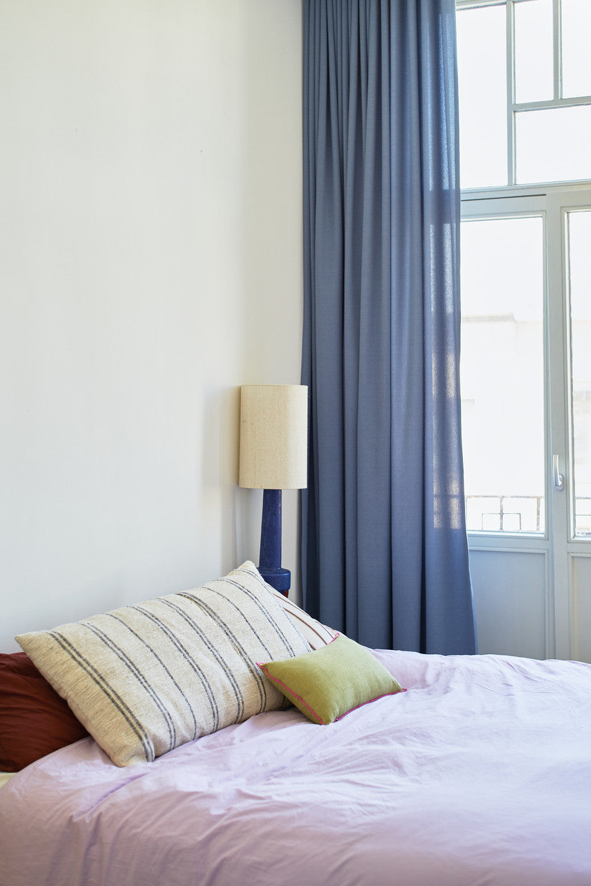 blue base table lamp with linen shade