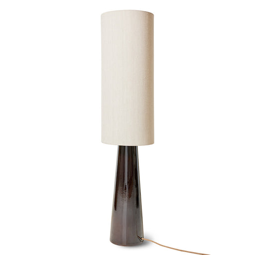 large cone shape floor lamp in brown with white linen shade
