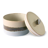handmade, ceramic storage jar with lid in brown and blue color 